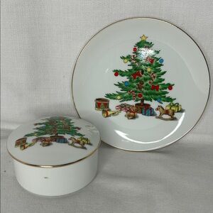 Shibata Fine Porcelain Christmas Tree Cookie Plate & Trinket Jar, Décor, Gift,